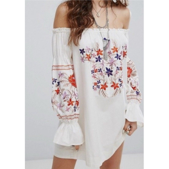 Free People S Fleur Du Jour Off Shoulder Dress Embroidered Floral Oversized B3 - Picture 1 of 8